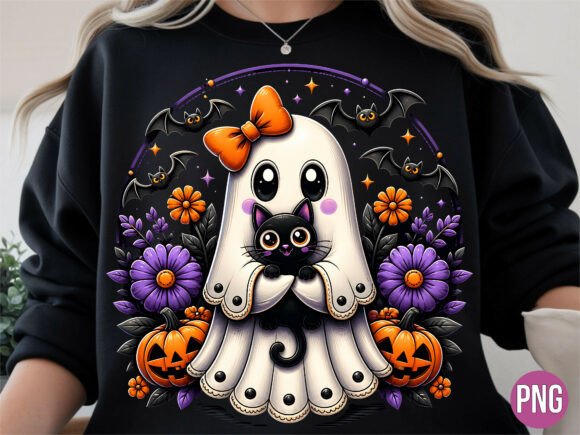 Download Cute Halloween Ghost Black Cat Shirt PNG - Halloween Collection
